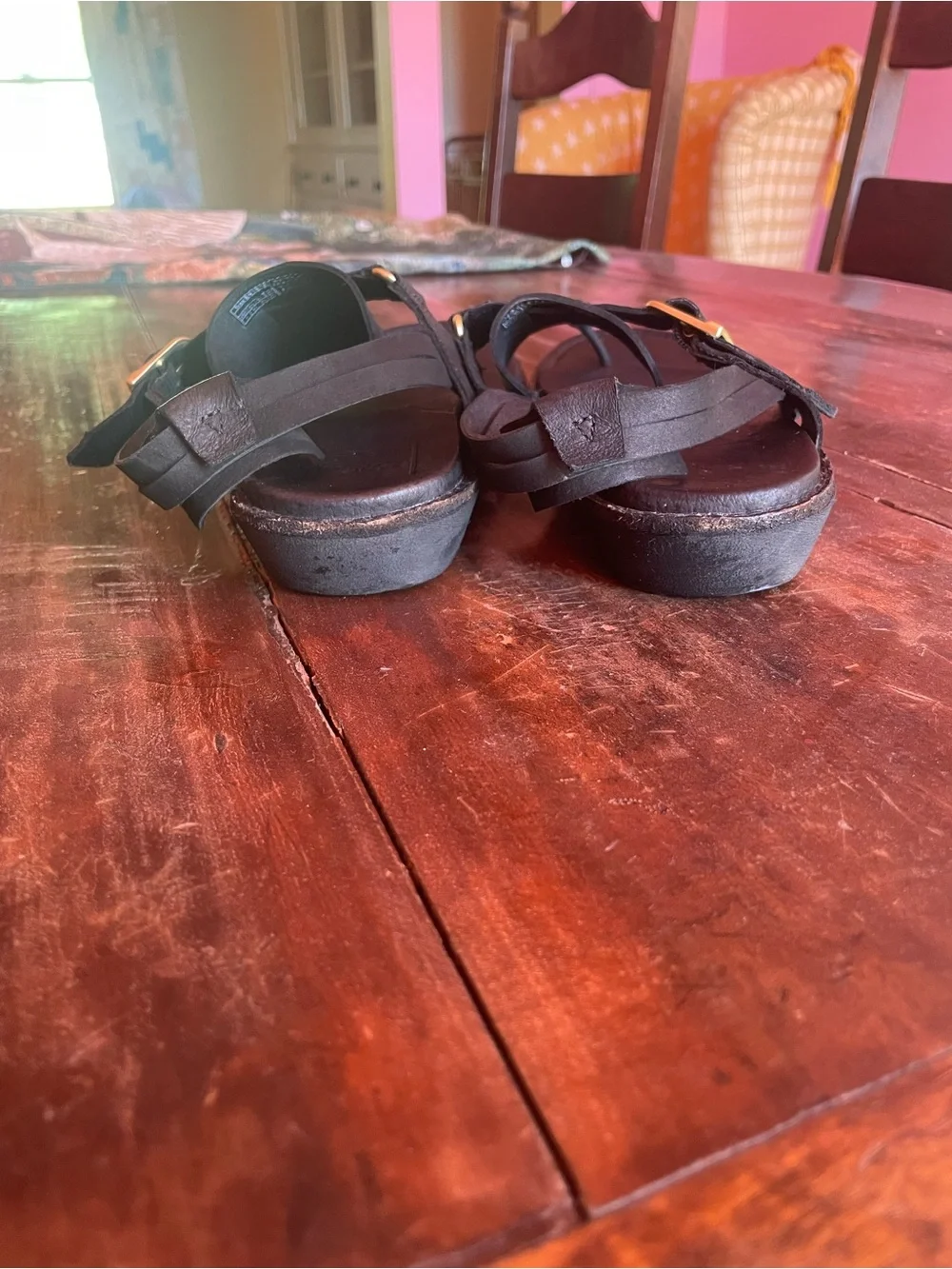 Teva Black Leather Thong Sandals with Gold Buckles